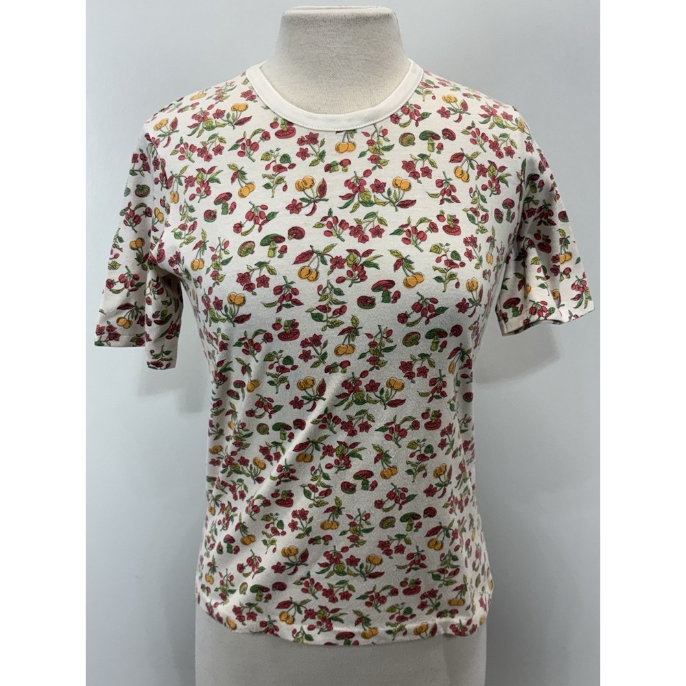 Vtg Sears Bazaar Tshirt Large Mushrooms Flowers Fruit Forest Fairy Cottage 70s